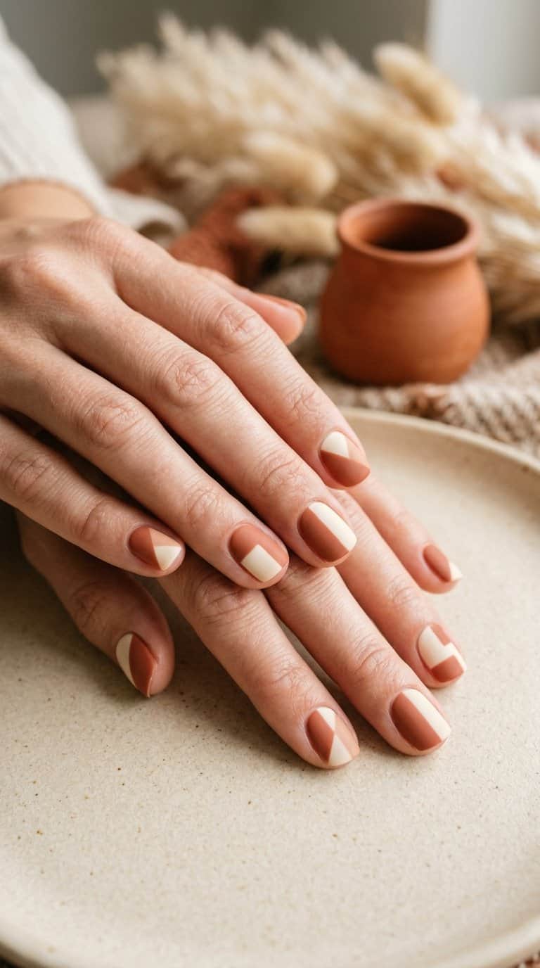 Close-up of short nails painted in cream and terracotta geometric color blocks.