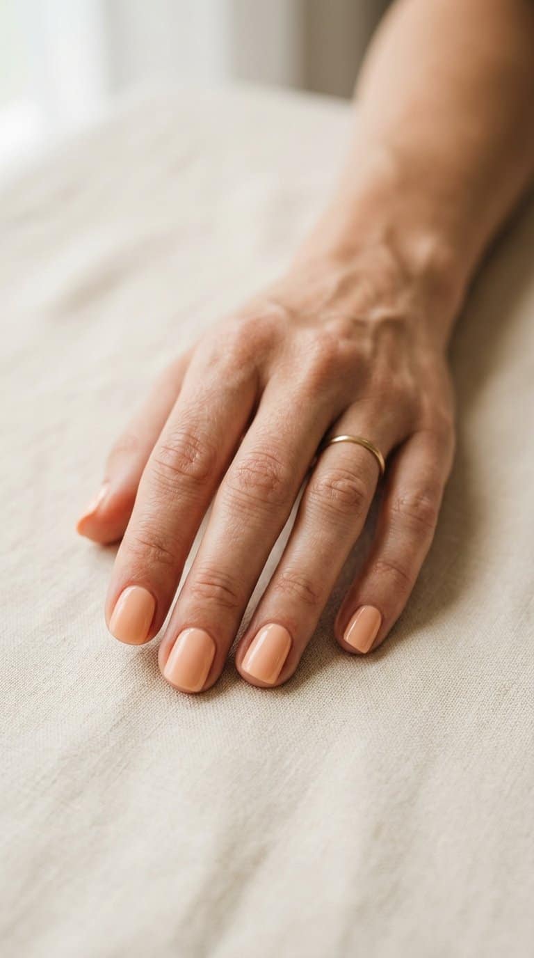 A hand with short creamy peach polished nails resting on a light neutral surface.