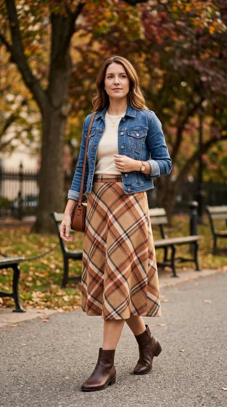 A woman wearing a cropped denim jacket and plaid midi skirt outdoors in autumn.