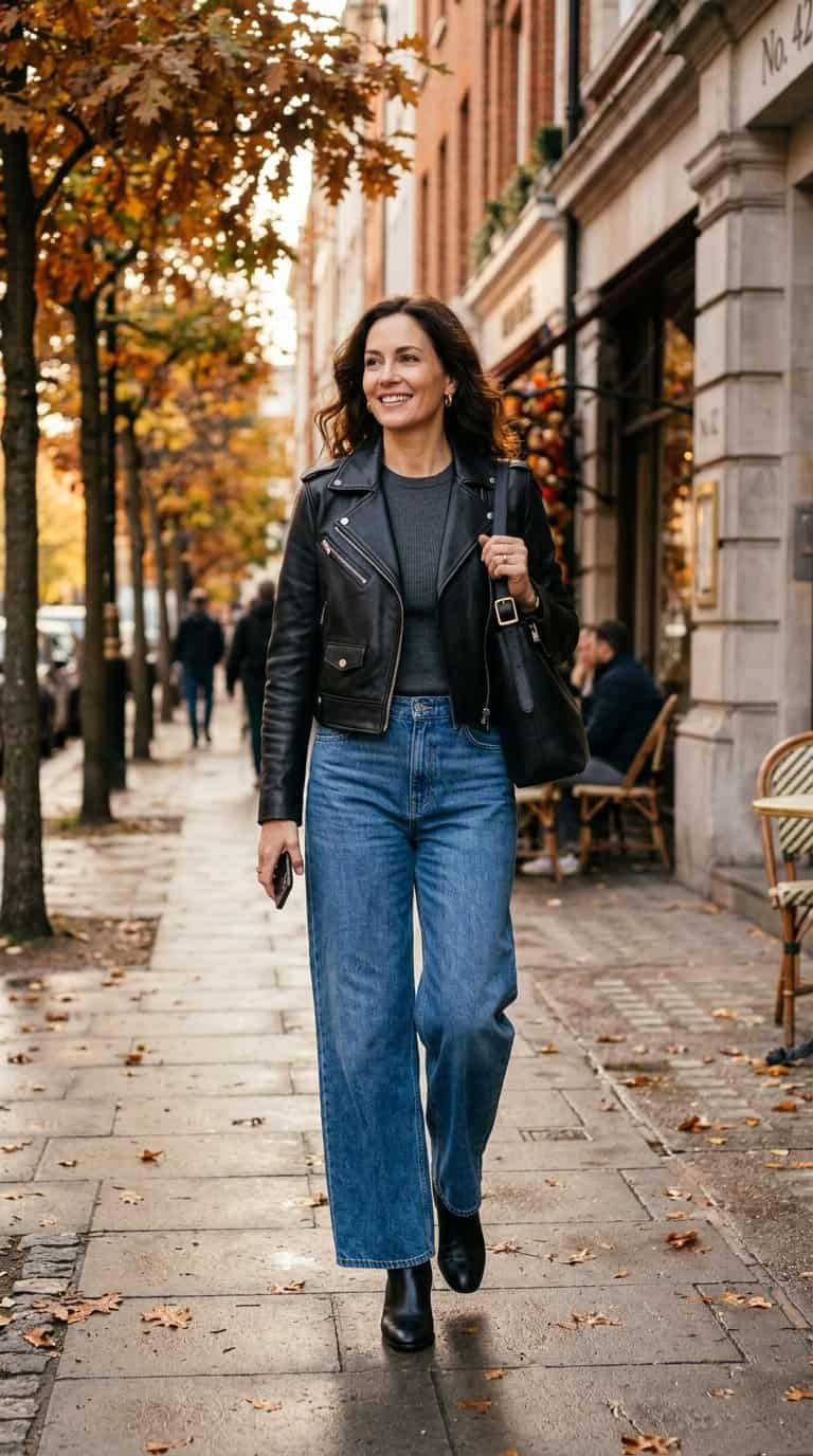 A woman wearing a cropped black jacket, wide-leg jeans, and ankle boots stands on an autumn city sidewalk.