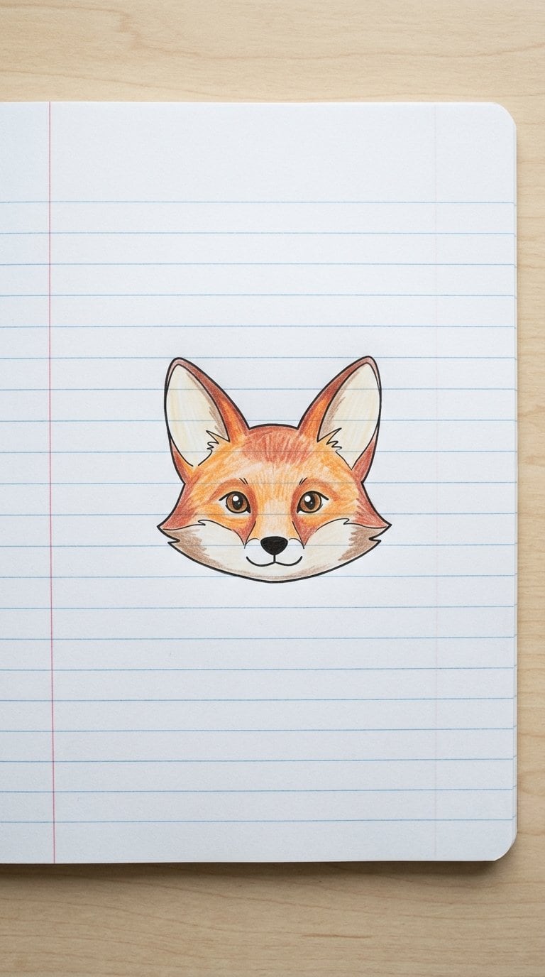 A cute orange fox head doodle centered on white notebook paper.