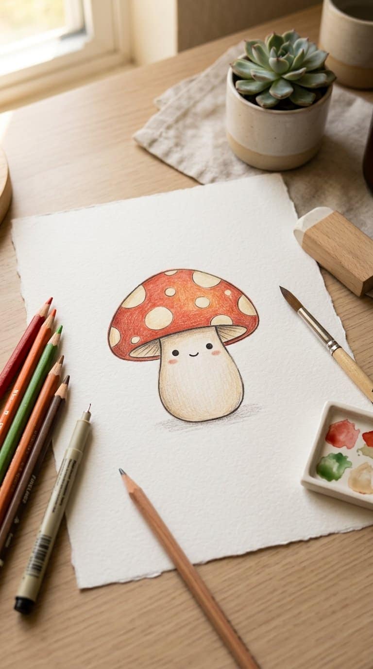 A cute spotted mushroom drawing on paper beside colored pencils and a marker.