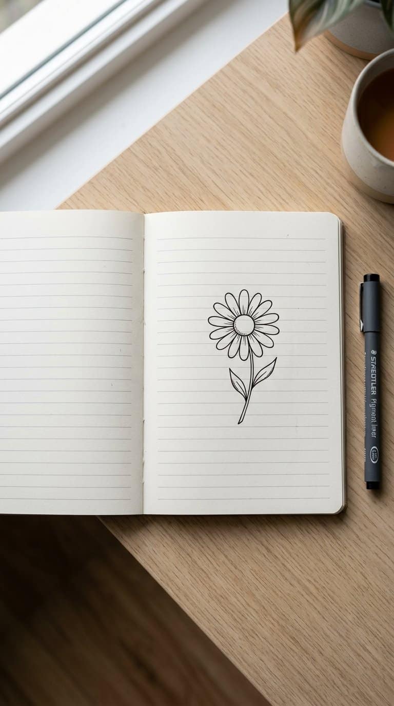A simple daisy flower doodle drawn in the margin of an open notebook.