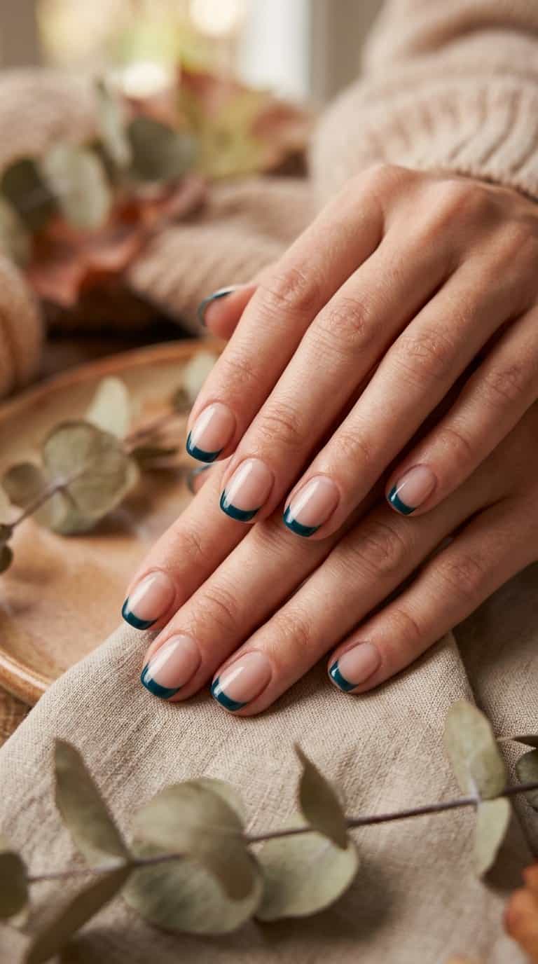 A close-up of a hand with short nails featuring dark teal French tips.