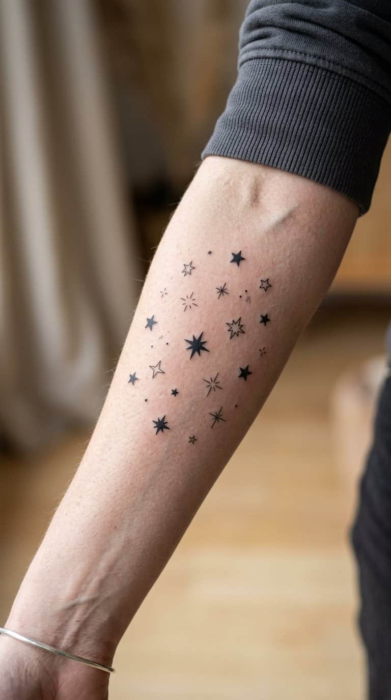 A forearm with several small black star tattoos arranged in a scattered pattern.