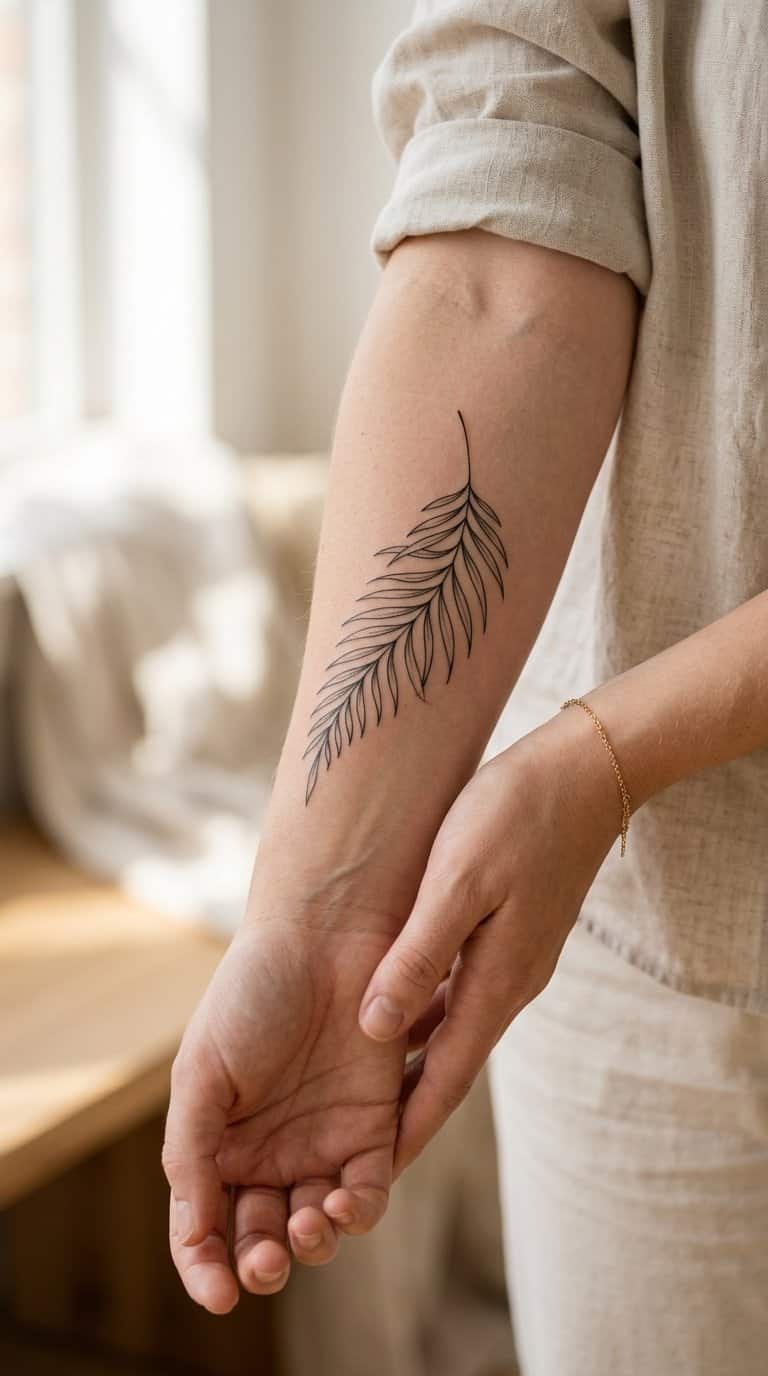 Close-up of a delicate fern frond tattoo on an inner forearm.
