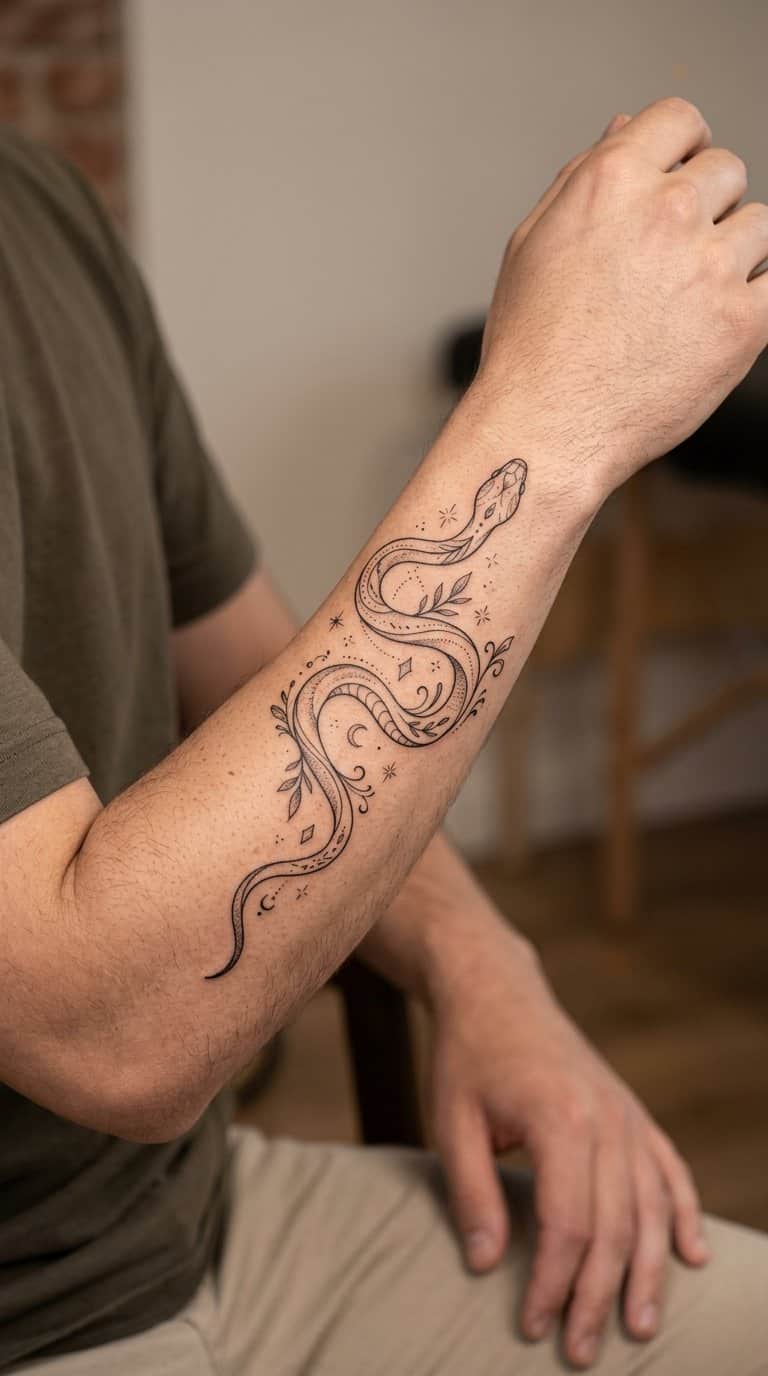 A delicate snake tattoo winds around a person’s forearm with small decorative elements nearby.