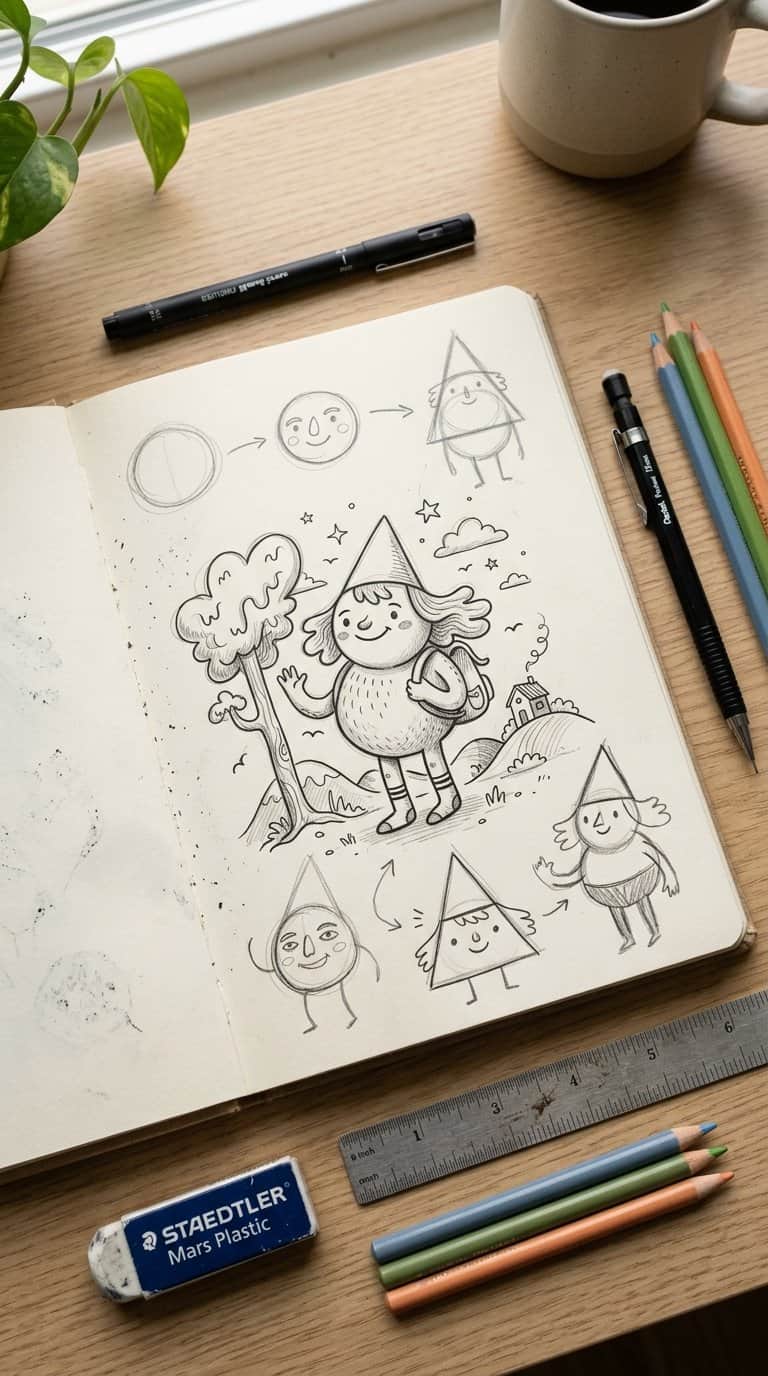 An open sketchbook displays a playful doodle made from three simple shapes, surrounded by drawing tools and small sketch variations.