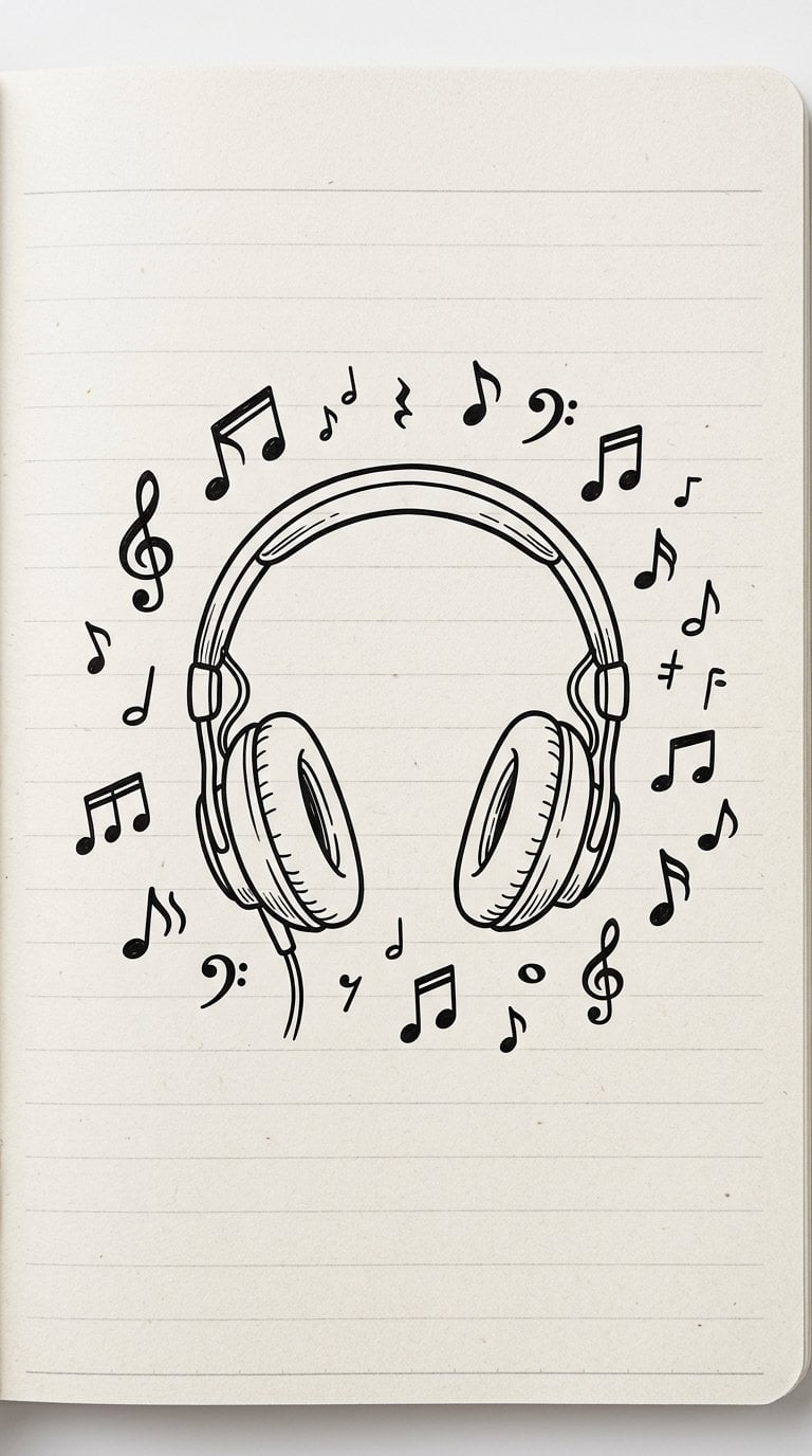 A doodle of over-ear headphones surrounded by musical notes on white notebook paper.