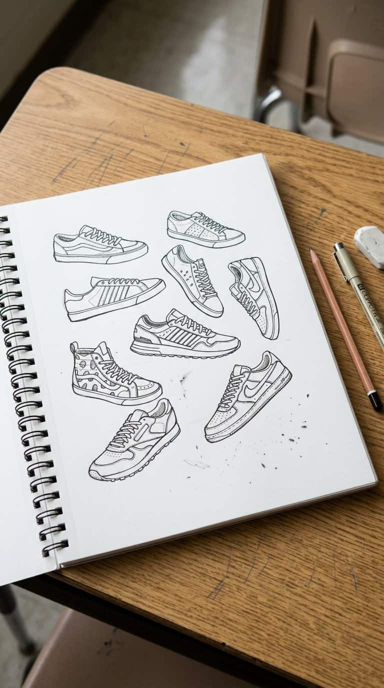 A sketchbook page with several hand-drawn sneaker designs, pencils, and an eraser on a classroom desk.