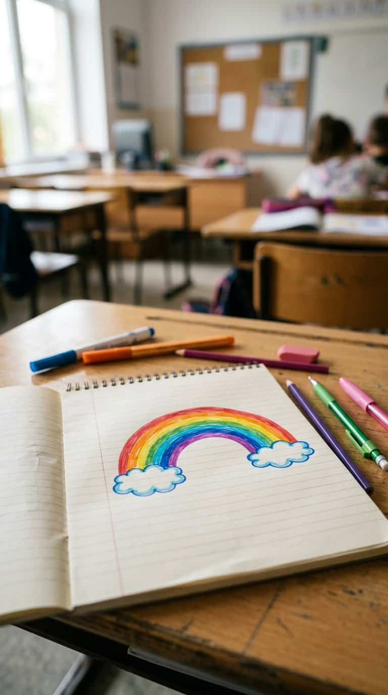 An open notebook with a colorful rainbow drawing on a classroom desk, surrounded by pens and pencils.