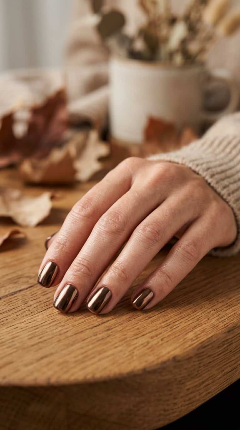 A hand with short glossy espresso-brown chrome nails resting on a warm neutral surface.