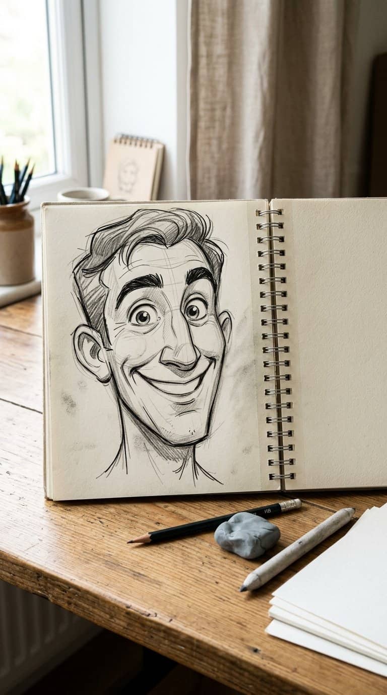 An open sketchbook showing an exaggerated portrait of a smiling face beside drawing tools.
