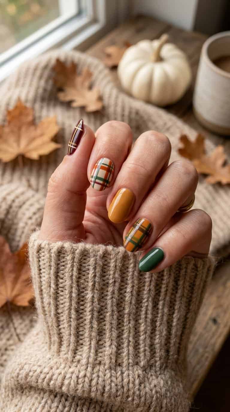 A hand displays short fingernails decorated with warm autumn plaid patterns.