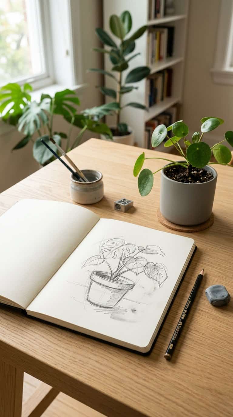 An open sketchbook showing a simple drawing of a potted leafy plant beside a real houseplant on a desk.