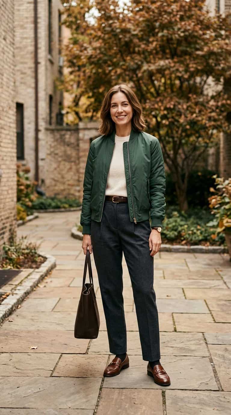 A person wearing a forest-green bomber jacket and pleated trousers stands outdoors in an autumn setting.
