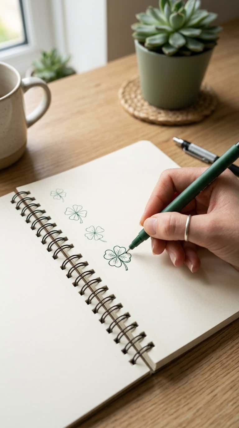 A hand draws a four-leaf clover in the margin of an open notebook.