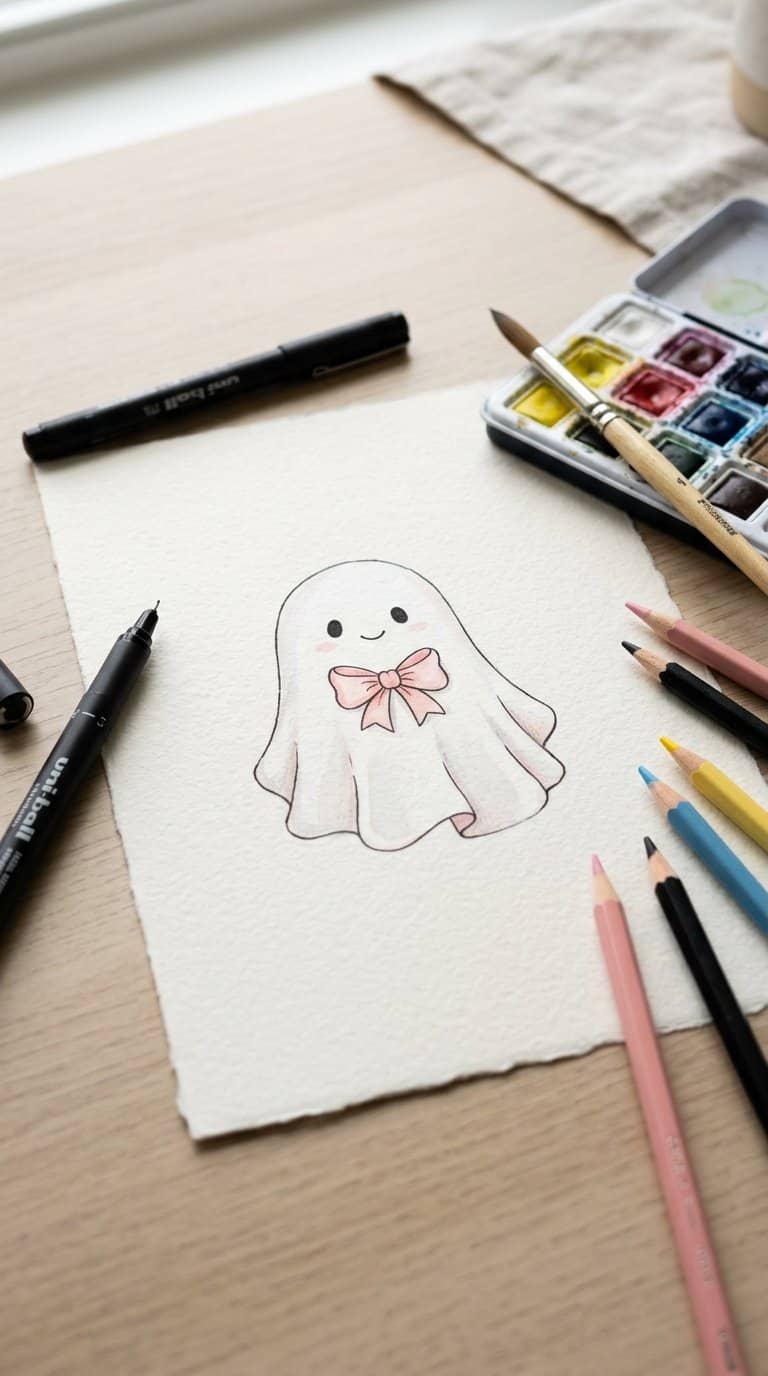 A cute white ghost wearing a pink bow is drawn on cream-colored paper beside art supplies.