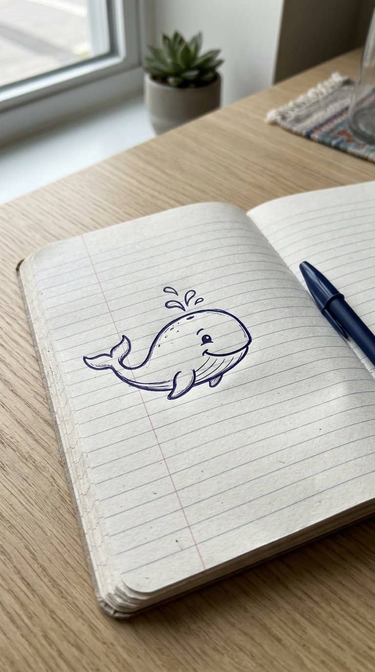 A friendly whale doodle with bubbles on the margin of an open notebook.