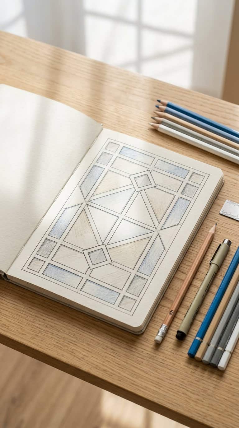 An open sketchbook displays a geometric window-inspired drawing beside pencils and drawing tools on a sunlit desk.
