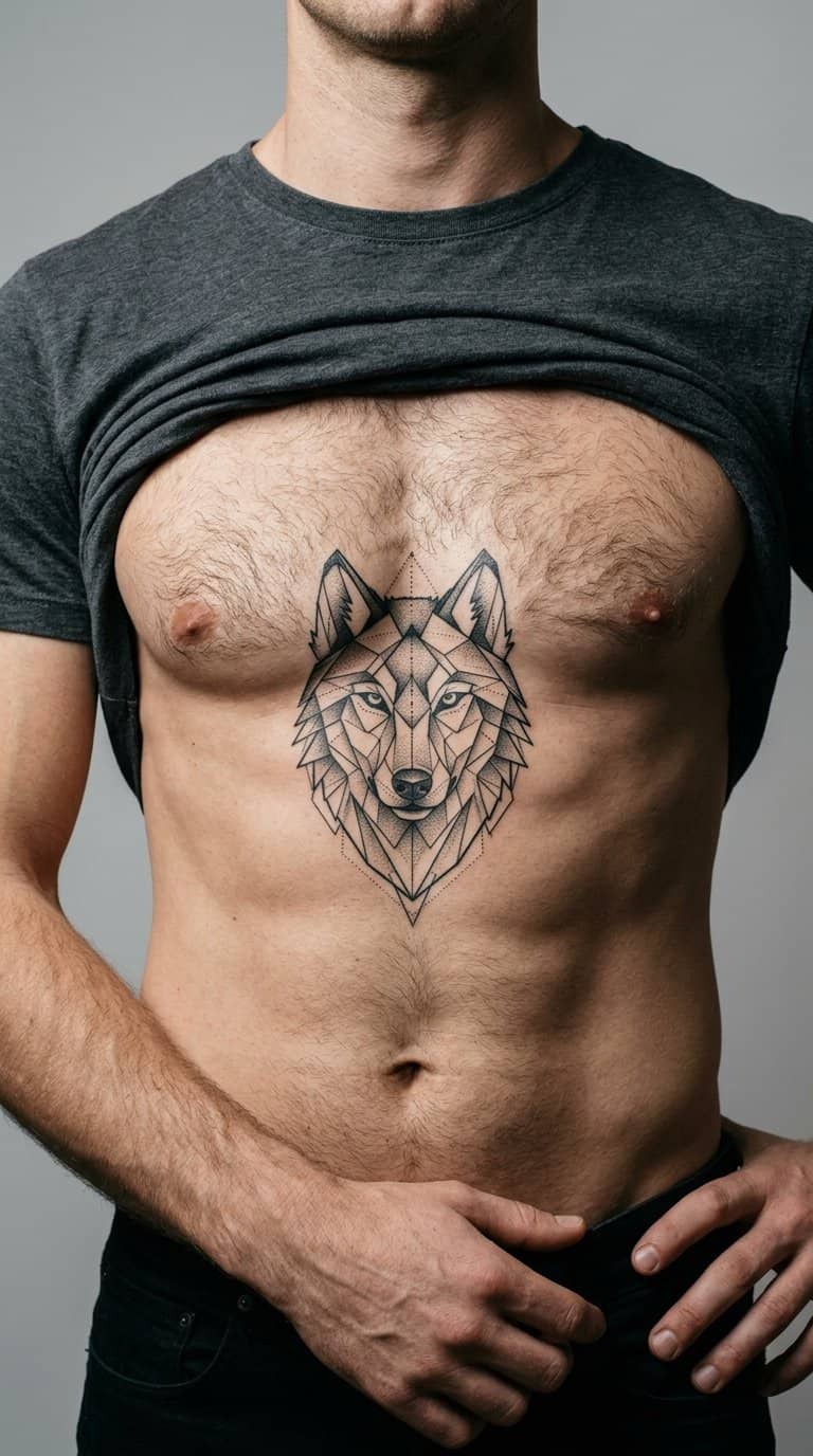 A man displays a geometric wolf tattoo centered on his chest.