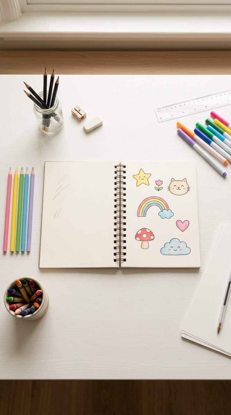 A sketchbook with cute simple drawings surrounded by pencils, markers, crayons, and other basic art supplies.