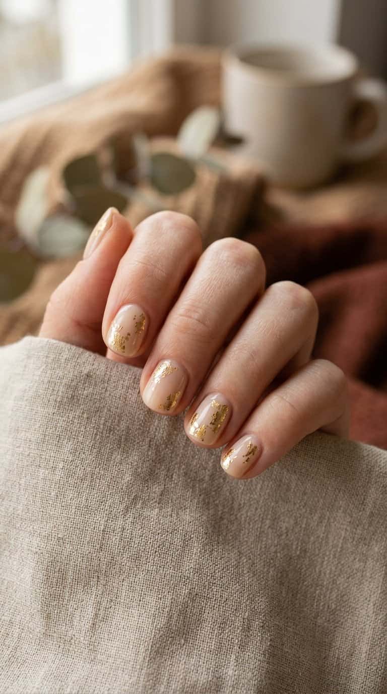 A hand with short nude nails decorated with delicate gold leaf accents.