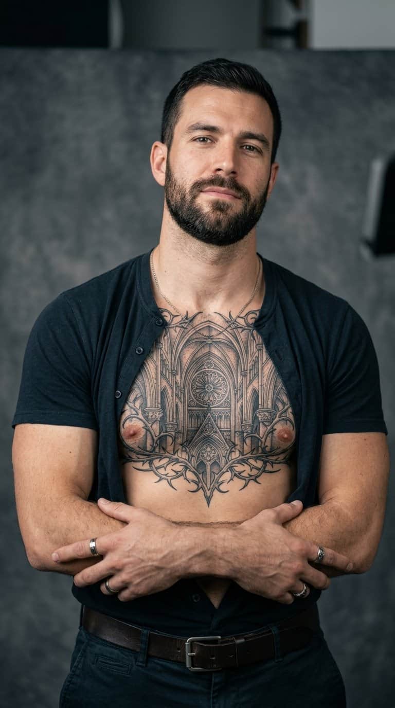 Man displaying a large Gothic cathedral tattoo across his chest.