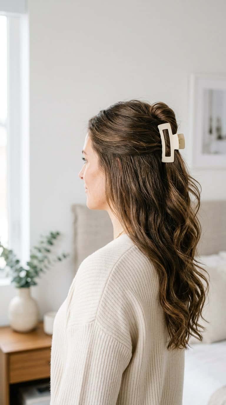 Woman wearing a half-up hairstyle secured with a claw clip.