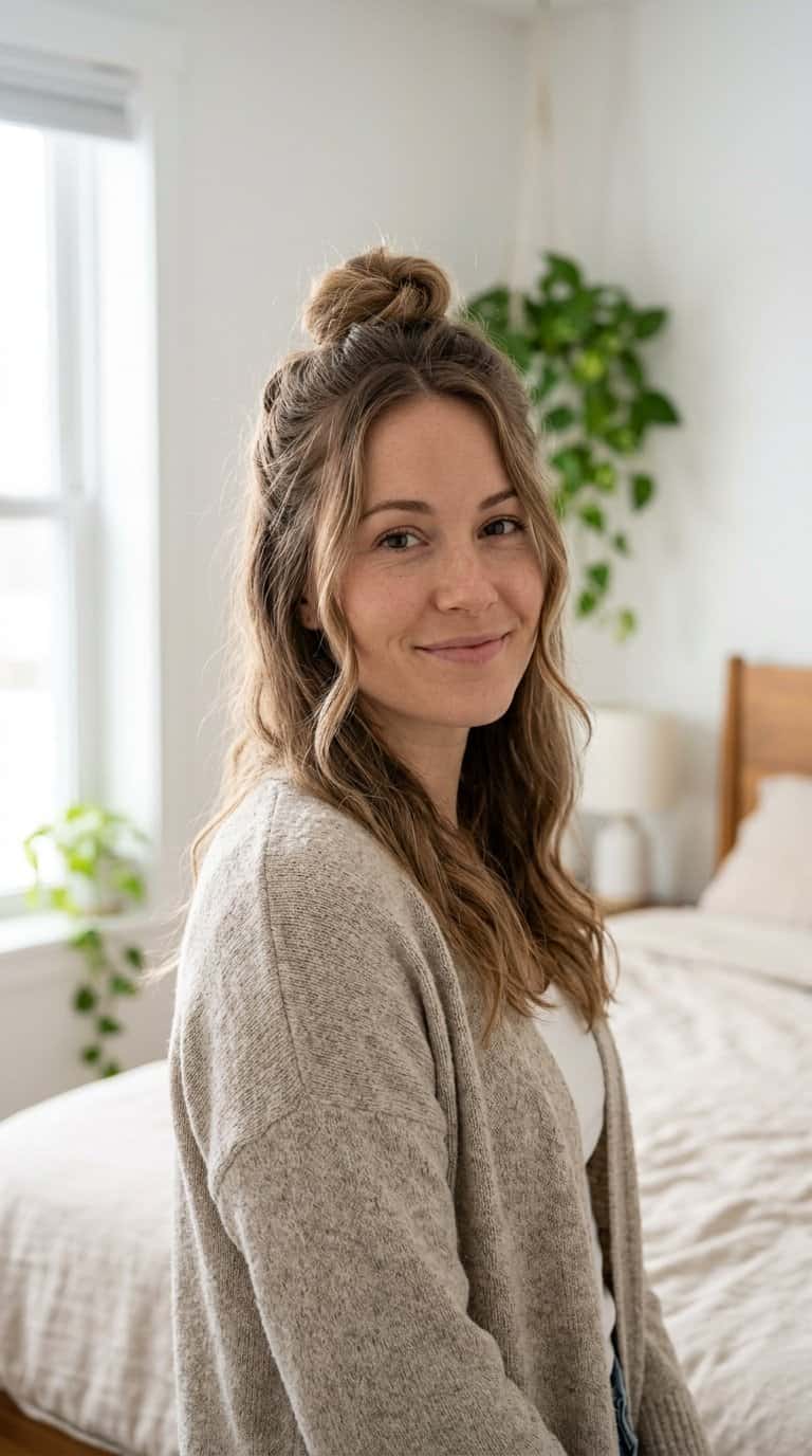 A woman wearing a relaxed half-up knot hairstyle with loose strands framing her face in a softly lit bedroom.