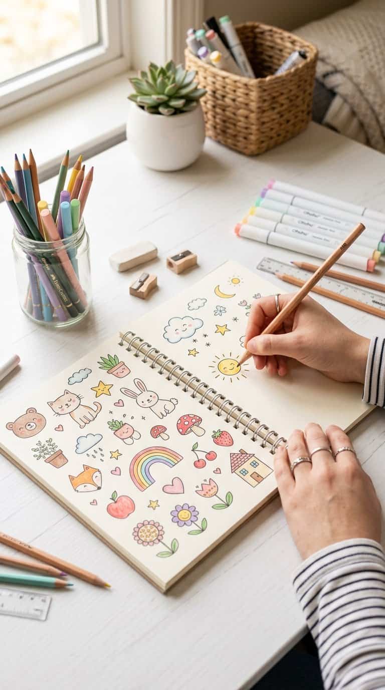 Hands draw cheerful doodles in an open sketchbook surrounded by colorful art supplies.