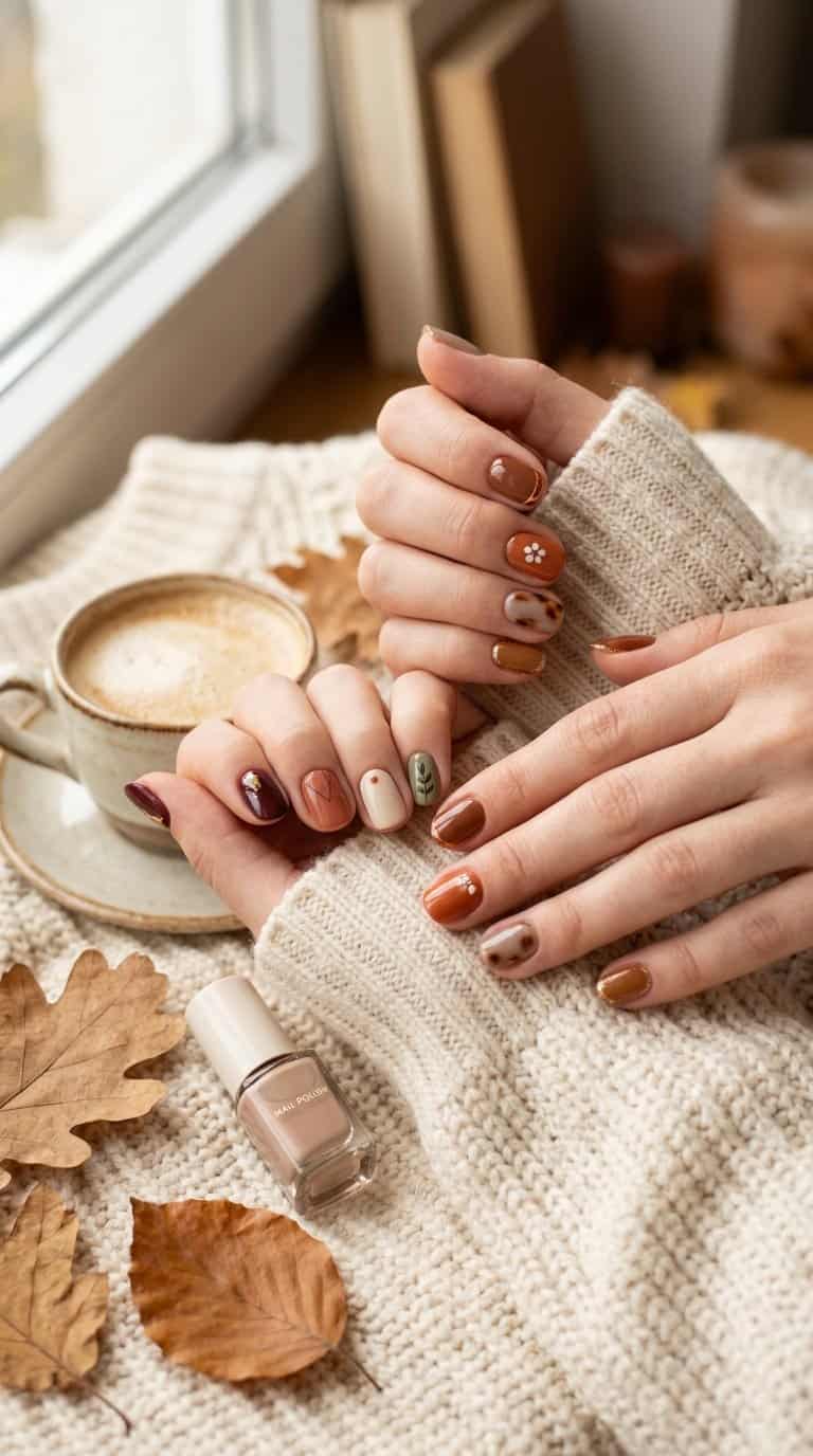 Hands with short autumn-colored manicured nails resting on a cozy sweater beside coffee and dried leaves.