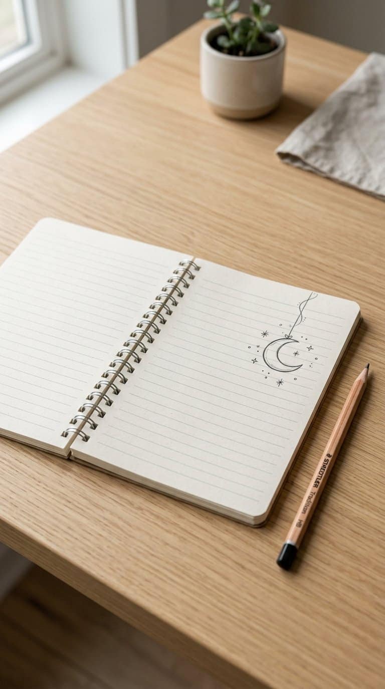 An open notebook shows a crescent moon doodle hanging from the page margin beside a pencil.