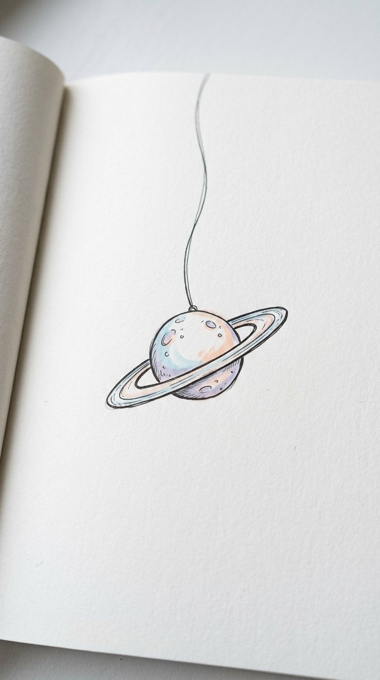 A small ringed planet hanging from a curved string on a plain notebook page.