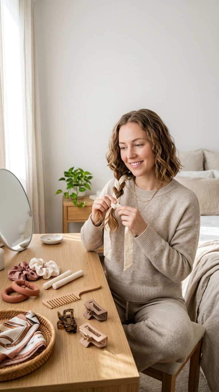A woman styles her hair with heatless accessories at a bedroom vanity.