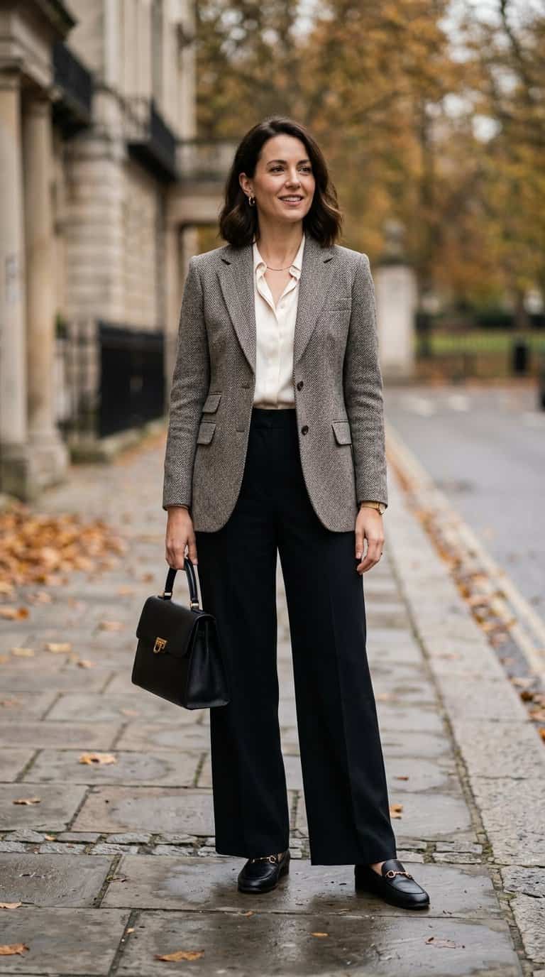 A woman wearing a herringbone jacket and black wide-leg trousers stands outdoors in an autumn setting.