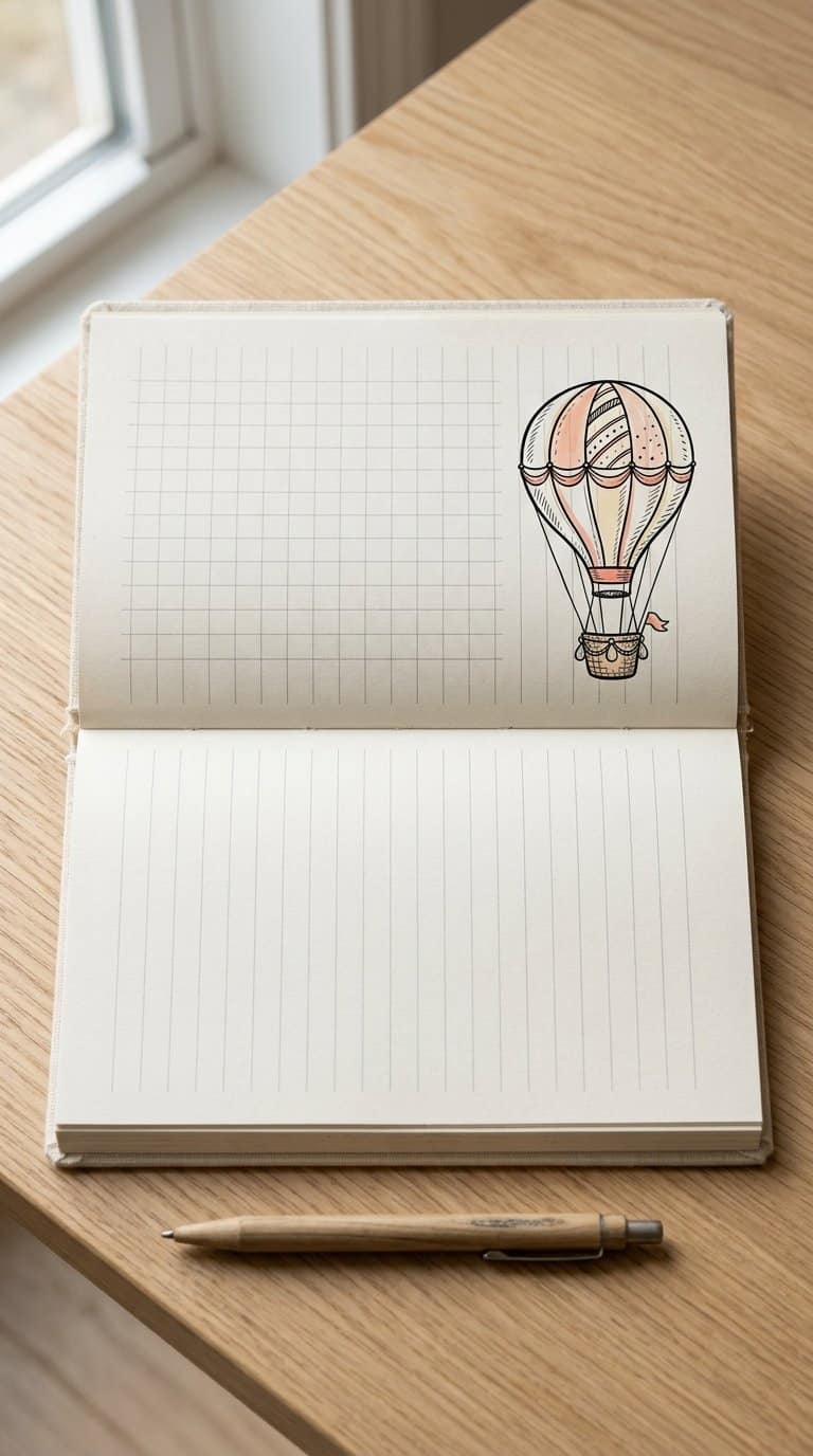 An open notebook with a simple hot-air balloon drawing in the margin.