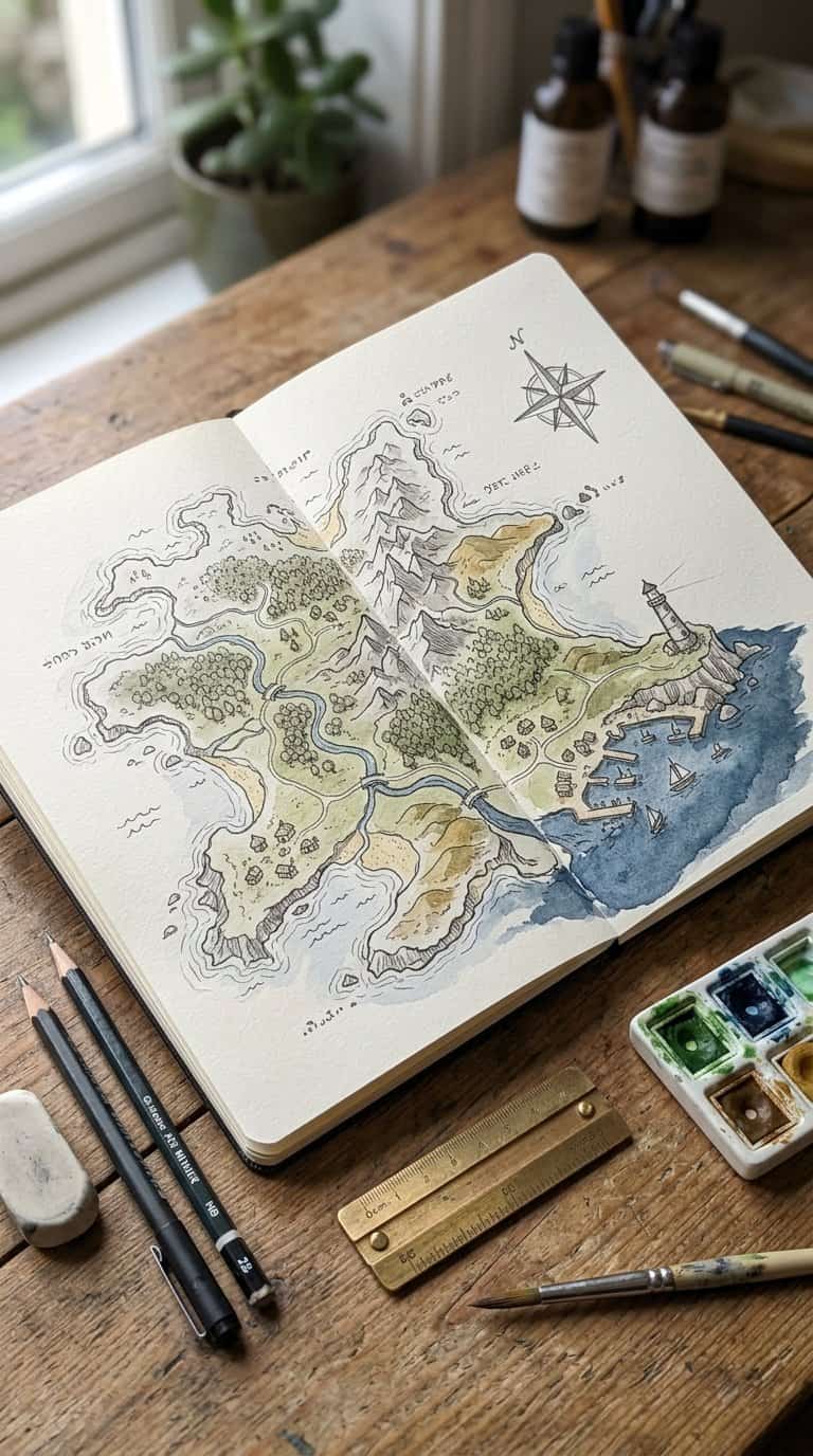 An open sketchbook displays a hand-drawn map of a fictional island surrounded by pencils and art supplies.