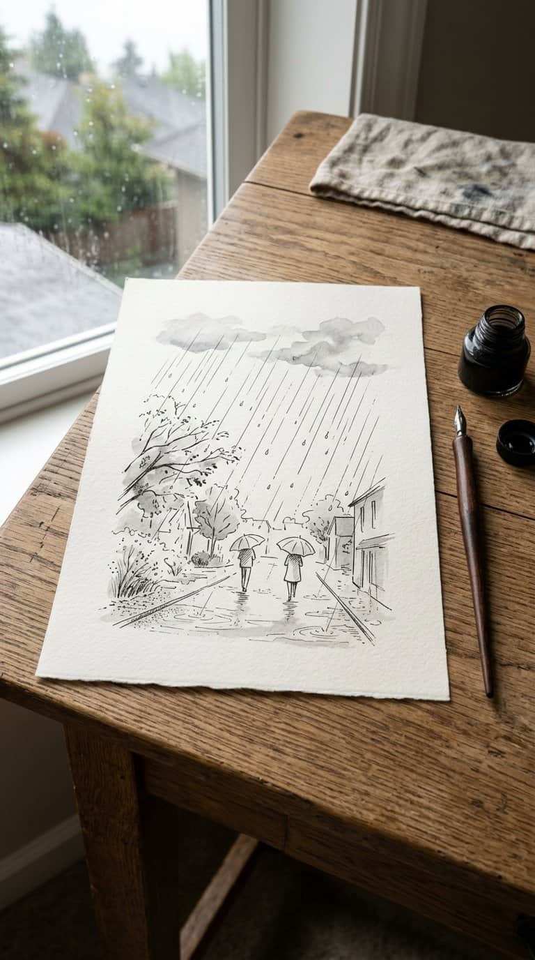 An ink drawing of rain falling onto rippling puddles on a sheet of paper.