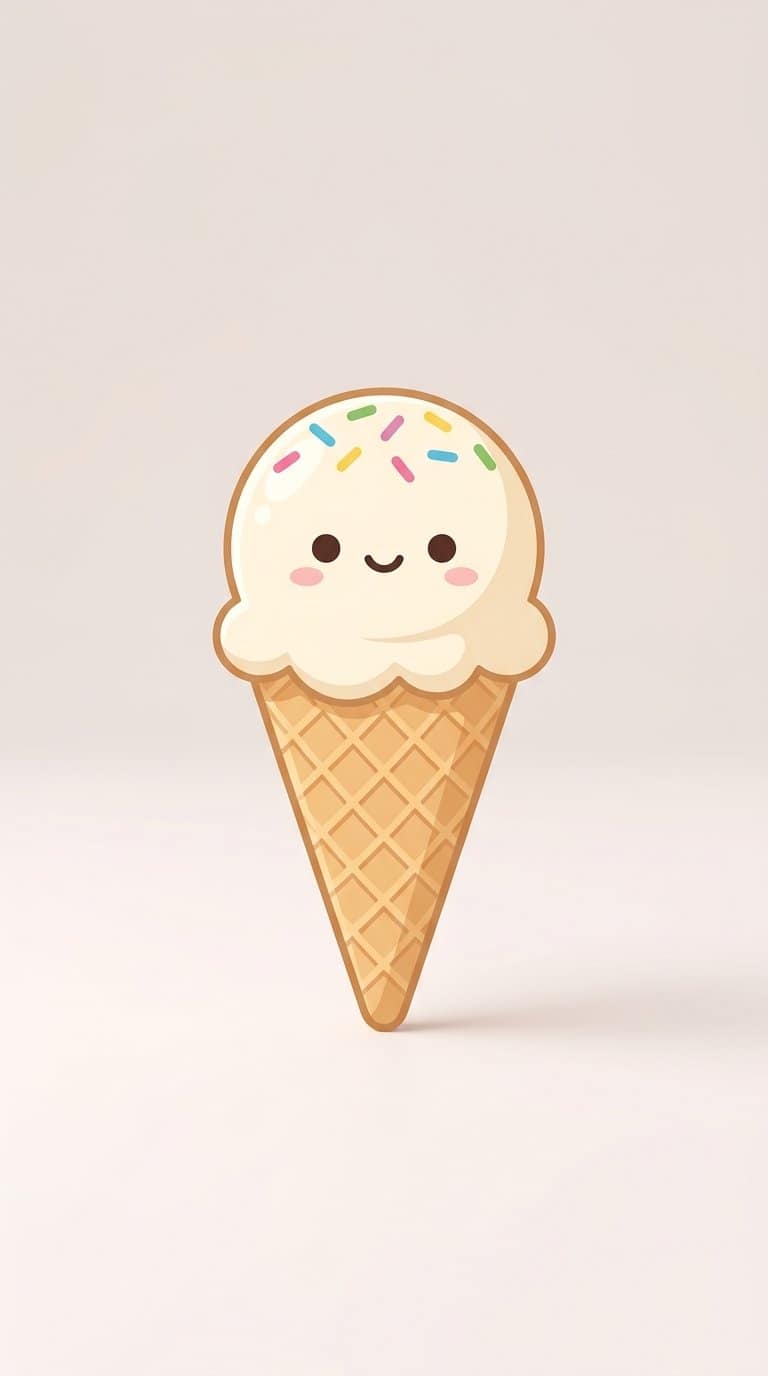 A cute smiling ice cream cone with a single scoop and colorful sprinkles.