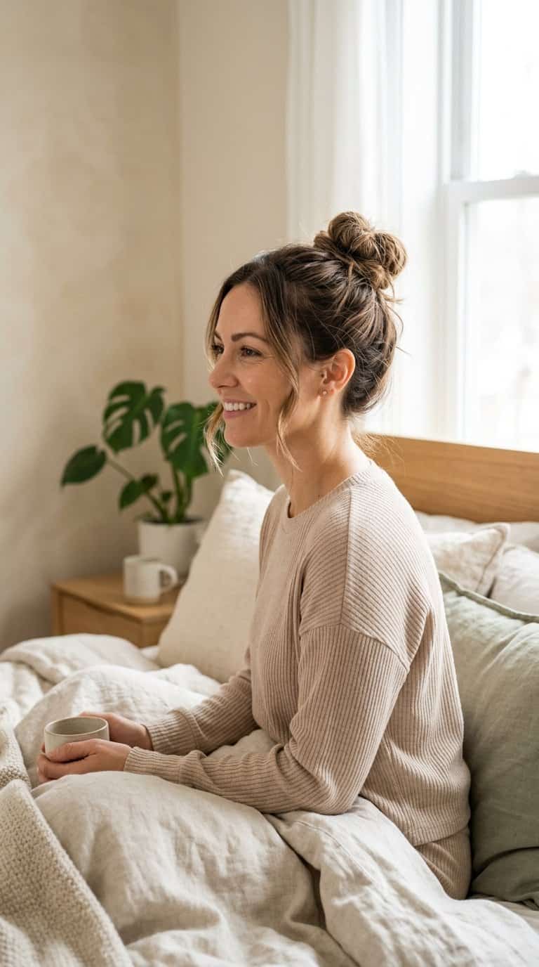 Woman wearing her hair in a loose top knot in a softly lit bedroom.