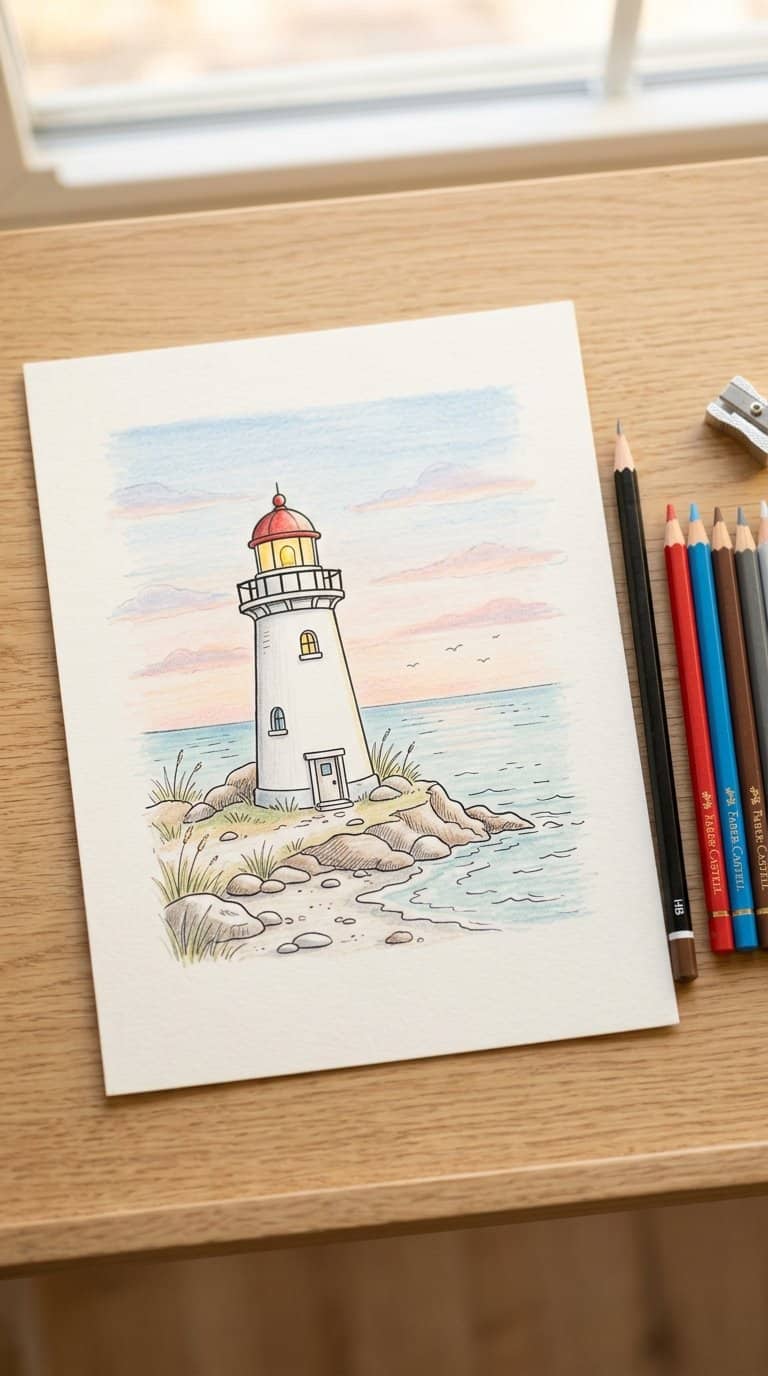 A white lighthouse beside calm blue waves under a pastel sky.