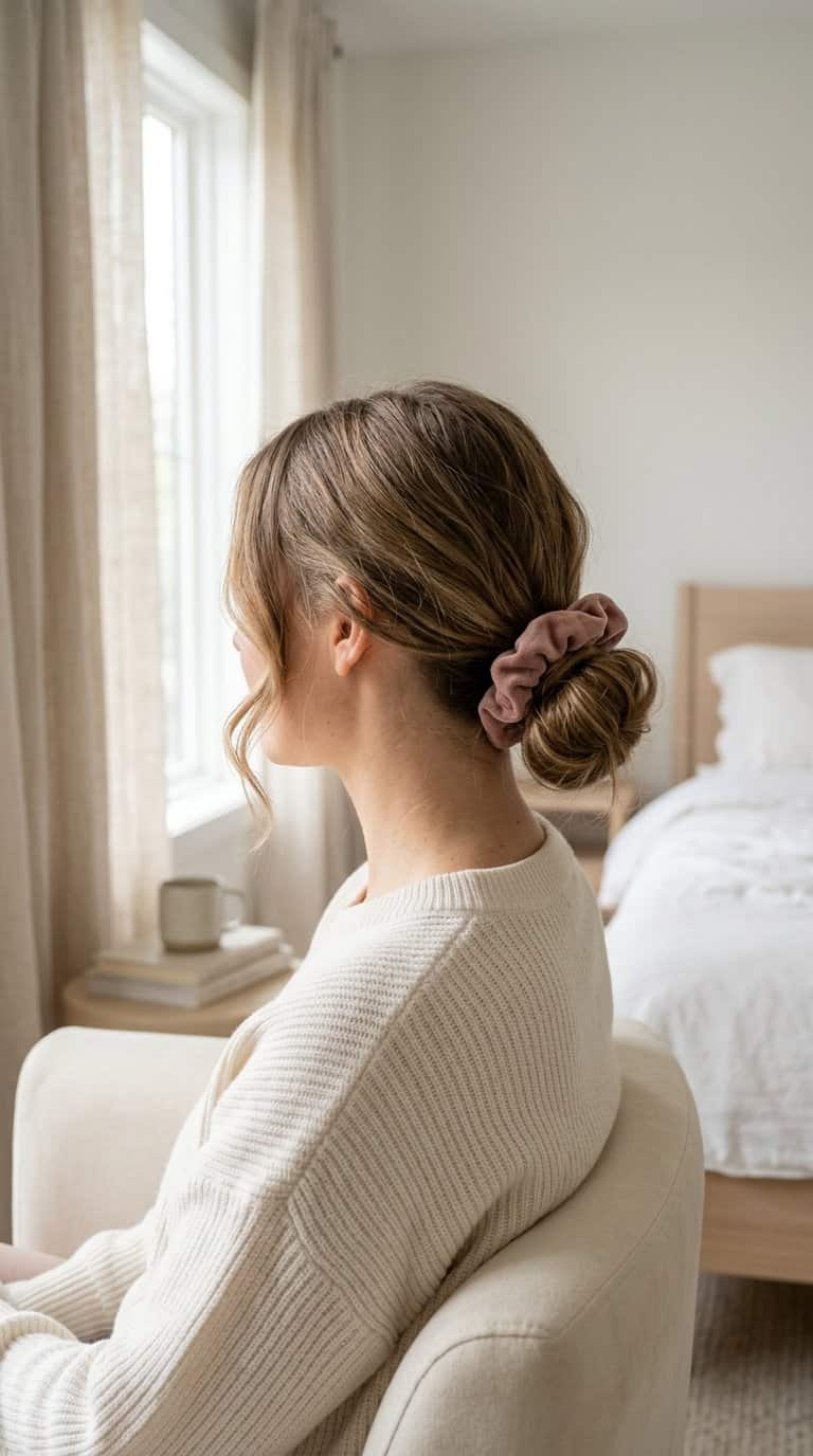 Woman wearing a loose low bun secured with a soft scrunchie.