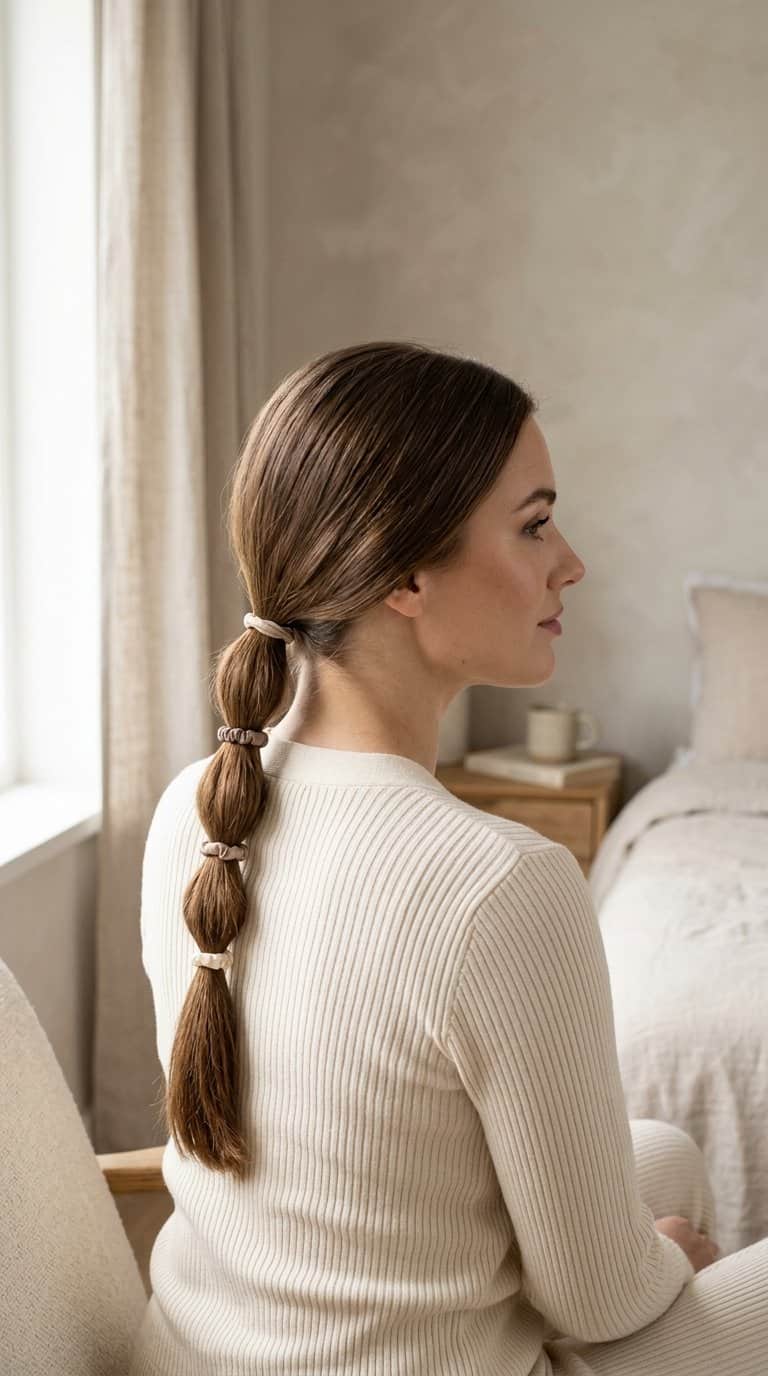 Woman with a low bubble ponytail secured with several hair ties.