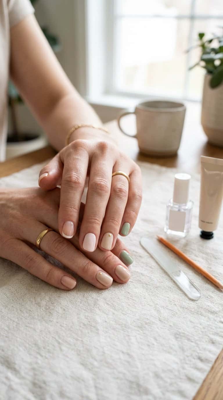 Hands with short manicured nails in soft neutral colors resting beside a small manicure kit.