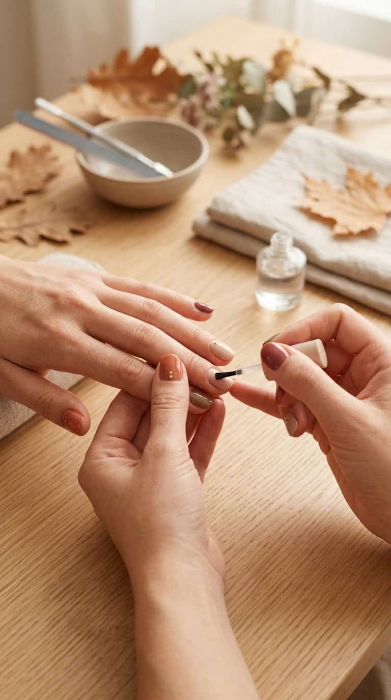A person applies clear top coat to a short autumn-colored manicure.