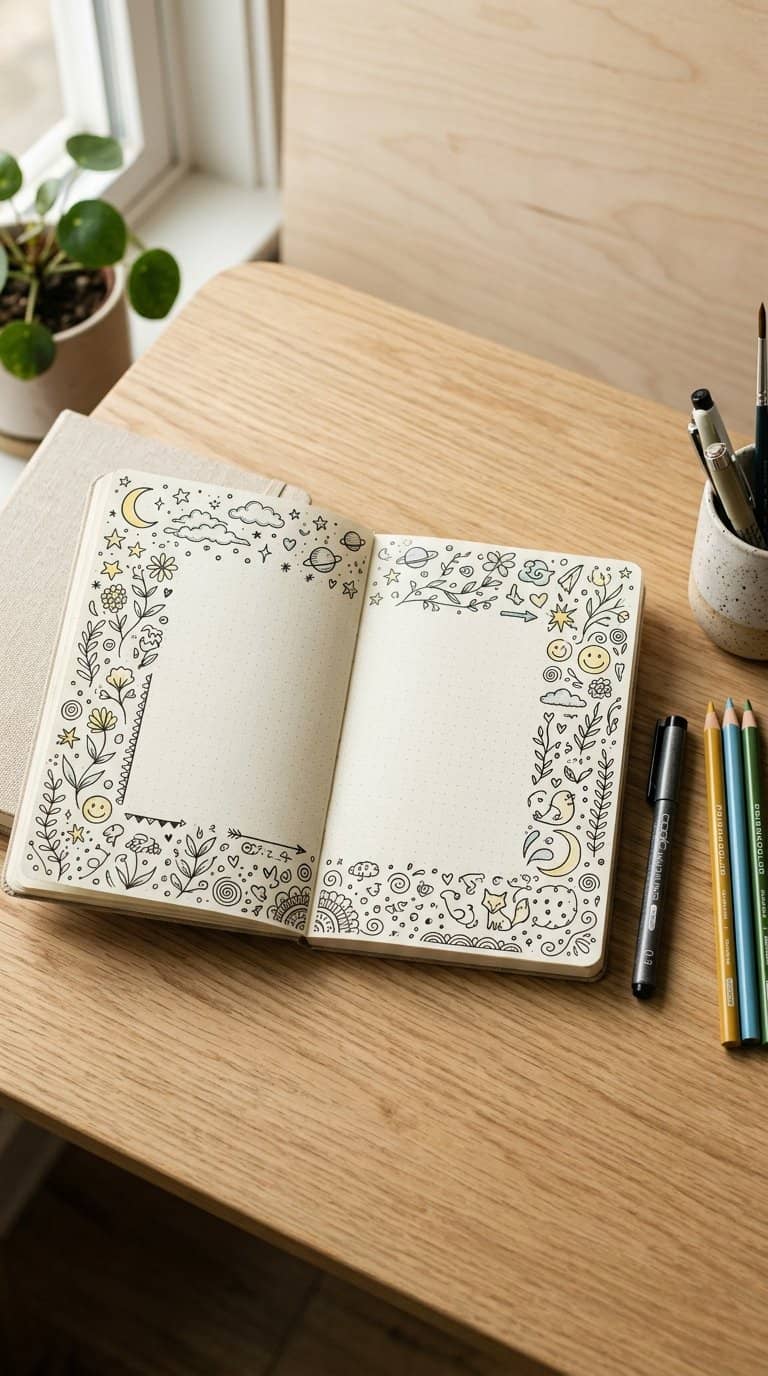 An open notebook covered with colorful doodles sits on a desk beside a pen and colored pencils.