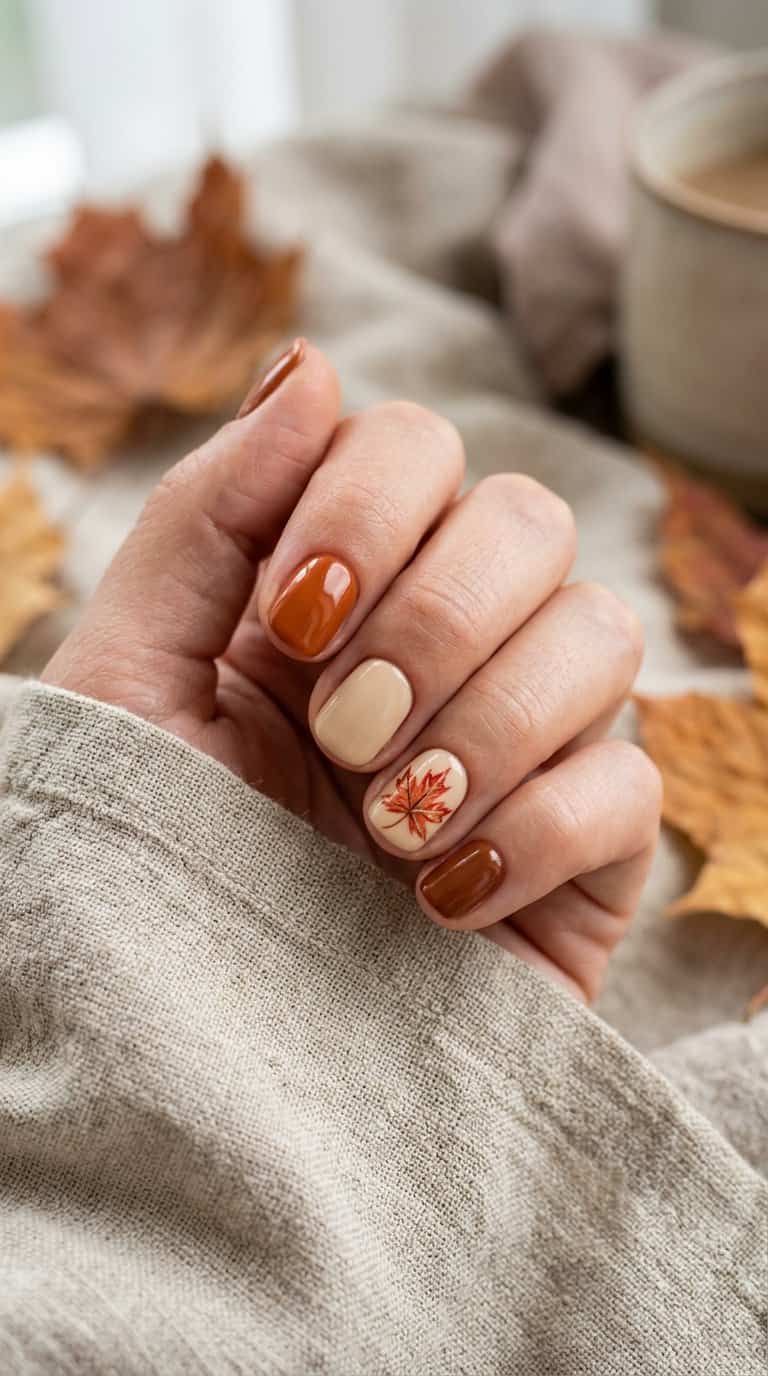A hand with short autumn-colored nails and a maple leaf design on one accent nail.