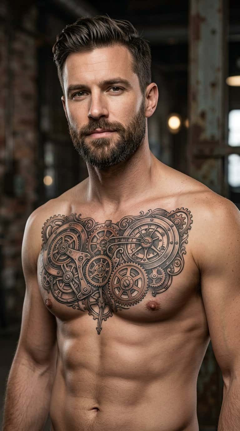 A man displays an intricate mechanical gear tattoo across his chest.