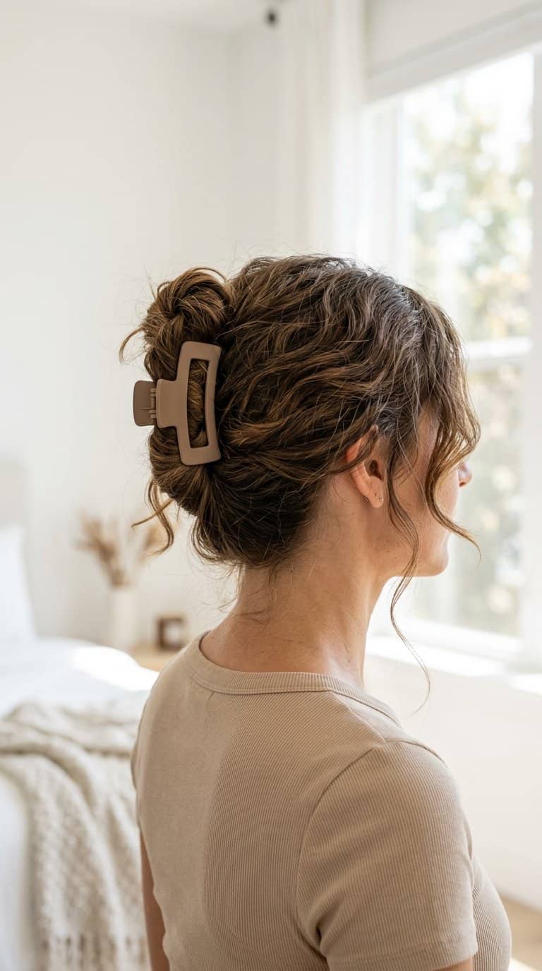 Woman wearing a loosely twisted hairstyle secured with a claw clip.